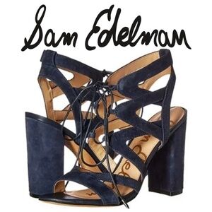 SAM EDELMAN Yardley Inky Black Blue SUEDE Strappy Lace-Up Block Heel - Size 7.5